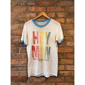 Vintage Stedman Hey Mon Grand Cayman BWI Ringer T Shirt White Blue 80s Medium